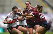 12 April 2025; Hannah Looney of Cork in action against Aoife Ní Cheallaigh of Galway during the Lidl Ladies National Football League Division 2 final match between Cork and Galway at Croke Park in Dublin. Photo by Shauna Clinton/Sportsfile