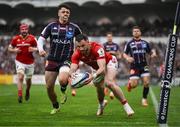 12 April 2025; Andrew Smith of Munster scores his side's second try during the Investec Champions Cup quarter-final match between Bordeaux Begles and Munster at Stade Chaban-Delmas in Bordeaux, France. Photo by Brendan Moran/Sportsfile