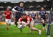 12 April 2025; Andrew Smith of Munster scores his side's second try during the Investec Champions Cup quarter-final match between Bordeaux Begles and Munster at Stade Chaban-Delmas in Bordeaux, France. Photo by Brendan Moran/Sportsfile