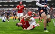 12 April 2025; Andrew Smith of Munster celebrates after scoring his side's second try during the Investec Champions Cup quarter-final match between Bordeaux Begles and Munster at Stade Chaban-Delmas in Bordeaux, France. Photo by Brendan Moran/Sportsfile