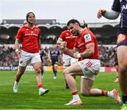 12 April 2025; Andrew Smith of Munster celebrates after scoring his side's second try during the Investec Champions Cup quarter-final match between Bordeaux Begles and Munster at Stade Chaban-Delmas in Bordeaux, France. Photo by Brendan Moran/Sportsfile