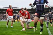 12 April 2025; Andrew Smith of Munster celebrates after scoring his side's second try during the Investec Champions Cup quarter-final match between Bordeaux Begles and Munster at Stade Chaban-Delmas in Bordeaux, France. Photo by Brendan Moran/Sportsfile