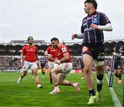 12 April 2025; Andrew Smith of Munster celebrates after scoring his side's second try during the Investec Champions Cup quarter-final match between Bordeaux Begles and Munster at Stade Chaban-Delmas in Bordeaux, France. Photo by Brendan Moran/Sportsfile