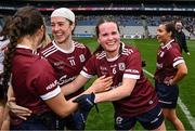 12 April 2025; Galway players from left, Chellene Trill, Shauna Hynes and Nicola Ward celebrate after their side's victory in the Lidl Ladies National Football League Division 2 final match between Cork and Galway at Croke Park in Dublin. Photo by Sam Barnes/Sportsfile
