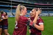 12 April 2025; Galway players Kate Geraghty, right, and Ailbhe Davoren celebrate after their side's victory in the Lidl Ladies National Football League Division 2 final match between Cork and Galway at Croke Park in Dublin. Photo by Sam Barnes/Sportsfile