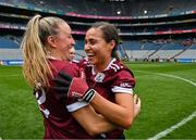12 April 2025; Galway players Kate Geraghty, right, and Ailbhe Davoren celebrate after their side's victory in the Lidl Ladies National Football League Division 2 final match between Cork and Galway at Croke Park in Dublin. Photo by Sam Barnes/Sportsfile