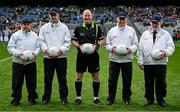12 April 2025; Referee Shane Curley, centre, and his match officials before the Lidl Ladies National Football League Division 1 final match between Armagh and Kerry at Croke Park in Dublin. Photo by Shauna Clinton/Sportsfile