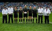 12 April 2025; Referee Shane Curley, centre, and his match officials before the Lidl Ladies National Football League Division 1 final match between Armagh and Kerry at Croke Park in Dublin. Photo by Shauna Clinton/Sportsfile