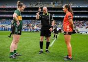 12 April 2025; Referee Shane Curley with Kerry captain Anna Galvin, left, and Armagh captain Clodagh McCambridge before the Lidl Ladies National Football League Division 1 final match between Armagh and Kerry at Croke Park in Dublin. Photo by Shauna Clinton/Sportsfile
