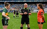 12 April 2025; Referee Shane Curley with Kerry captain Anna Galvin, left, and Armagh captain Clodagh McCambridge before the Lidl Ladies National Football League Division 1 final match between Armagh and Kerry at Croke Park in Dublin. Photo by Shauna Clinton/Sportsfile