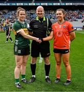 12 April 2025; Referee Shane Curley with Kerry captain Anna Galvin, left, and Armagh captain Clodagh McCambridge before the Lidl Ladies National Football League Division 1 final match between Armagh and Kerry at Croke Park in Dublin. Photo by Shauna Clinton/Sportsfile