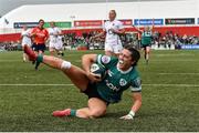 12 April 2025; Amee-Leigh Costigan of Ireland goes over to score the first try against England during the Women's Six Nations Rugby Championship match between Ireland and England at Virgin Media Park in Cork. Photo by Matt Browne/Sportsfile