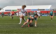 12 April 2025; Amee-Leigh Costigan of Ireland goes over to score the first try against England during the Women's Six Nations Rugby Championship match between Ireland and England at Virgin Media Park in Cork. Photo by Matt Browne/Sportsfile