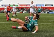 12 April 2025; Amee-Leigh Costigan of Ireland goes over to score the first try against England during the Women's Six Nations Rugby Championship match between Ireland and England at Virgin Media Park in Cork. Photo by Matt Browne/Sportsfile