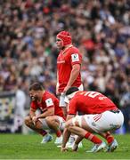 12 April 2025; Munster players, from left, Alex Nankivell, Mark Donnelly and Tom Ahern after the Investec Champions Cup quarter-final match between Bordeaux Begles and Munster at Stade Chaban-Delmas in Bordeaux, France. Photo by Brendan Moran/Sportsfile