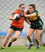 12 April 2025; Aoife McCoy of Armagh in action against Aishling O'Connell of Kerry during the Lidl Ladies National Football League Division 1 final match between Armagh and Kerry at Croke Park in Dublin. Photo by Sam Barnes/Sportsfile