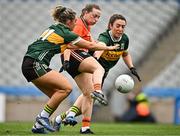 12 April 2025; Aoife McCoy of Armagh in action against Niamh Ní Chonchúir, left, and Aishling O'Connell of Kerry during the Lidl Ladies National Football League Division 1 final match between Armagh and Kerry at Croke Park in Dublin. Photo by Sam Barnes/Sportsfile