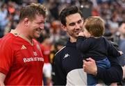 12 April 2025; Stephen Archer of Munster, left, with Joey Carbery of Bordeaux Begles and his son Beau, after the Investec Champions Cup quarter-final match between Bordeaux Begles and Munster at Stade Chaban-Delmas in Bordeaux, France. Photo by Brendan Moran/Sportsfile