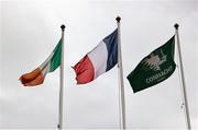12 April 2025; The Ireland tricolour, French, and the Connacht Rugby flags before the EPCR Challenge Cup quarter-final match between Connacht and Racing 92 at Dexcom Stadium in Galway. Photo by Thomas Flinkow/Sportsfile