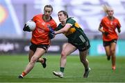 12 April 2025; Aoife McCoy of Armagh is tackled by Roisin Rahilly of Kerry during the Lidl Ladies National Football League Division 1 final match between Armagh and Kerry at Croke Park in Dublin. Photo by Shauna Clinton/Sportsfile
