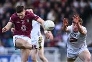 12 April 2025; Robbie Forde of Westmeath shoots under pressure from Colm Dalton of Kildare during the Leinster GAA Football Senior Championship quarter-final match between Kildare and Westmeath at Cedral St Conleth's Park in Newbridge, KiIdare. Photo by Piaras Ó Mídheach/Sportsfile