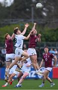 12 April 2025; Kevin Feely of Kildare in action against Ronan Wallace, left, and Sam McCartan of Westmeath during the Leinster GAA Football Senior Championship quarter-final match between Kildare and Westmeath at Cedral St Conleth's Park in Newbridge, KiIdare. Photo by Piaras Ó Mídheach/Sportsfile
