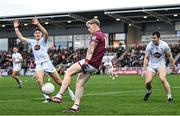 12 April 2025; Luke Loughlin of Westmeath in action against Callum Bolton, left, and Mark Dempsey of Kildare during the Leinster GAA Football Senior Championship quarter-final match between Kildare and Westmeath at Cedral St Conleth's Park in Newbridge, KiIdare. Photo by Piaras Ó Mídheach/Sportsfile
