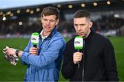 12 April 2025; GAA+ analysts John Heslin, left, and Marc Ó Sé at half-time during the Leinster GAA Football Senior Championship quarter-final match between Kildare and Westmeath at Cedral St Conleth's Park in Newbridge, KiIdare. Photo by Piaras Ó Mídheach/Sportsfile