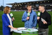 12 April 2025; GAA+ host Gráinne McElwain with analysts John Heslin, centre, and Marc Ó Sé at half-time during the Leinster GAA Football Senior Championship quarter-final match between Kildare and Westmeath at Cedral St Conleth's Park in Newbridge, KiIdare. Photo by Piaras Ó Mídheach/Sportsfile