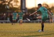 12 April 2025; JJ Hanrahan of Connacht kicks a conversion during the EPCR Challenge Cup quarter-final match between Connacht and Racing 92 at Dexcom Stadium in Galway. Photo by Thomas Flinkow/Sportsfile