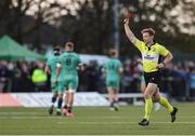 12 April 2025; Referee Christophe Ridley shows a red card to Wame Naituvi of Racing 92, not pictured, during the EPCR Challenge Cup quarter-final match between Connacht and Racing 92 at Dexcom Stadium in Galway. Photo by Thomas Flinkow/Sportsfile