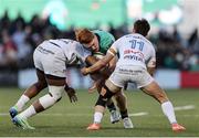 12 April 2025; Shane Jennings of Connacht in action against Vinaya Habosi left, and Max Spring of Racing 92 during the EPCR Challenge Cup quarter-final match between Connacht and Racing 92 at Dexcom Stadium in Galway. Photo by Thomas Flinkow/Sportsfile