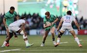 12 April 2025; Shane Jennings of Connacht in action against Vinaya Habosi left, and Max Spring of Racing 92 during the EPCR Challenge Cup quarter-final match between Connacht and Racing 92 at Dexcom Stadium in Galway. Photo by Thomas Flinkow/Sportsfile