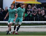 12 April 2025; Cian Prendergast of Connacht, left, celebrates after scoring a try during the EPCR Challenge Cup quarter-final match between Connacht and Racing 92 at Dexcom Stadium in Galway. Photo by Thomas Flinkow/Sportsfile