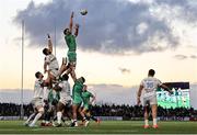 12 April 2025; Cian Prendergast of Connacht competes for a lineout during the EPCR Challenge Cup quarter-final match between Connacht and Racing 92 at Dexcom Stadium in Galway. Photo by Thomas Flinkow/Sportsfile
