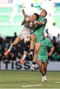 12 April 2025; Hugh Gavin of Connacht in action against Max Spring of Racing 92 during the EPCR Challenge Cup quarter-final match between Connacht and Racing 92 at Dexcom Stadium in Galway. Photo by Thomas Flinkow/Sportsfile