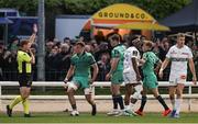 12 April 2025; Cian Prendergast of Connacht celebrates scoring a try during the EPCR Challenge Cup quarter-final match between Connacht and Racing 92 at Dexcom Stadium in Galway. Photo by Thomas Flinkow/Sportsfile