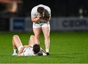 12 April 2025; Kildare players James McGrath, right, and Callum Bolton celebrate after their side's victory in the Leinster GAA Football Senior Championship quarter-final match between Kildare and Westmeath at Cedral St Conleth's Park in Newbridge, KiIdare. Photo by Piaras Ó Mídheach/Sportsfile