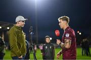 12 April 2025; Luke Loughlin of Westmeath is interviewed by Tommy Rooney of Newstalk after the Leinster GAA Football Senior Championship quarter-final match between Kildare and Westmeath at Cedral St Conleth's Park in Newbridge, KiIdare. Photo by Piaras Ó Mídheach/Sportsfile