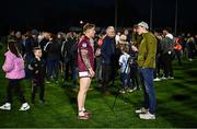 12 April 2025; Luke Loughlin of Westmeath is interviewed by Tommy Rooney of Newstalk after the Leinster GAA Football Senior Championship quarter-final match between Kildare and Westmeath at Cedral St Conleth's Park in Newbridge, KiIdare. Photo by Piaras Ó Mídheach/Sportsfile