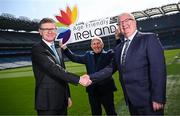 14 April 2025; Ard Stiúrthóir of the GAA Tom Ryan, left, Sean Boylan, Meath Age Friendly Ambassador, former Irish Gaelic football manager, centre, and Kieran Kehoe, Chief Executive, Meath County Council, during the GAA & Age Friendly Ireland Partnership Launch at Croke Park in Dublin. Photo by Seb Daly/Sportsfile
