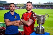 15 April 2025; College Corinthians FC captain Craig Donnellan, left, and Ringmahon Rangers FC captain Anthony McAlavey with the Pat O'Brien FAI Intermediate Challenge Cup during the FAI Intermediate Cup Final media day at Turners Cross Stadium in Cork ahead of the 2025 FAI Intermediate Cup final match between Ringmahon Rangers FC and College Corinthians FC. Photo by Brendan Moran/Sportsfile