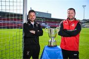 15 April 2025; College Corinthians FC manager Gary Hackett, left, and Ringmahon Rangers FC manager Aidan Foley with the Pat O'Brien FAI Intermediate Challenge Cup during the FAI Intermediate Cup Final media day at Turners Cross Stadium in Cork ahead of the 2025 FAI Intermediate Cup final match between Ringmahon Rangers FC and College Corinthians FC. Photo by Brendan Moran/Sportsfile