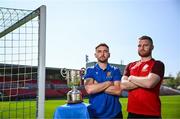 15 April 2025; College Corinthians FC captain Craig Donnellan, left, and Ringmahon Rangers FC captain Anthony McAlavey with the Pat O'Brien FAI Intermediate Challenge Cup during the FAI Intermediate Cup Final media day at Turners Cross Stadium in Cork ahead of the 2025 FAI Intermediate Cup final match between Ringmahon Rangers FC and College Corinthians FC. Photo by Brendan Moran/Sportsfile