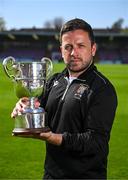 15 April 2025; College Corinthians FC manager Gary Hackett poses for a portrait with the Pat O'Brien FAI Intermediate Challenge Cup during the FAI Intermediate Cup Final media day at Turners Cross Stadium in Cork ahead of the 2025 FAI Intermediate Cup final match between Ringmahon Rangers FC and College Corinthians FC. Photo by Brendan Moran/Sportsfile