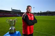 15 April 2025; Ringmahon Rangers FC manager Aidan Foley poses for a portrait with the Pat O'Brien FAI Intermediate Challenge Cup during the FAI Intermediate Cup Final media day at Turners Cross Stadium in Cork ahead of the 2025 FAI Intermediate Cup final match between Ringmahon Rangers FC and College Corinthians FC. Photo by Brendan Moran/Sportsfile