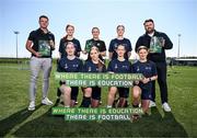 14 April 2025; The Football Association of Ireland have launched the Education and Development Strategy for 2025-30, a strategic plan for football and education to enhance Irish football across all levels. At the launch held at the FAI National Training Centre in Abbotstown, Dublin, are, from left, FAI referee programme coordinator Rob Hennessy, FAI grassroots executive Rachel Graham and FAI coach development manager Craig Sexton with FAI / Fingal Girls' TY Course players. Photo by Stephen McCarthy/Sportsfile