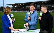 12 April 2025; GAA+ host Gráinne McElwain with analysts John Heslin, centre, and Marc Ó Sé at half-time during the Leinster GAA Football Senior Championship quarter-final match between Kildare and Westmeath at Cedral St Conleth's Park in Newbridge, KiIdare. Photo by Piaras Ó Mídheach/Sportsfile