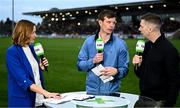 12 April 2025; GAA+ host Gráinne McElwain with analysts John Heslin, centre, and Marc Ó Sé at half-time during the Leinster GAA Football Senior Championship quarter-final match between Kildare and Westmeath at Cedral St Conleth's Park in Newbridge, KiIdare. Photo by Piaras Ó Mídheach/Sportsfile