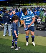 11 April 2025; Leinster mascot Paddy Donnelly with Leinster player Rónan Kelleher before the Investec Champions Cup quarter-final match between Leinster and Glasgow Warriors at the Aviva Stadium in Dublin. Photo by Brendan Moran/Sportsfile